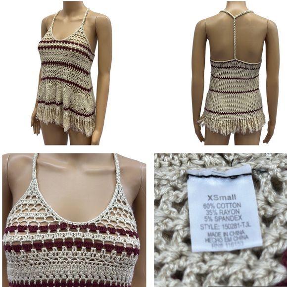 Source Unknown Tops - Full Tilt Cream Burgundy Boho Open Crochet Knit Cotton Blend Tank Top Womens XS